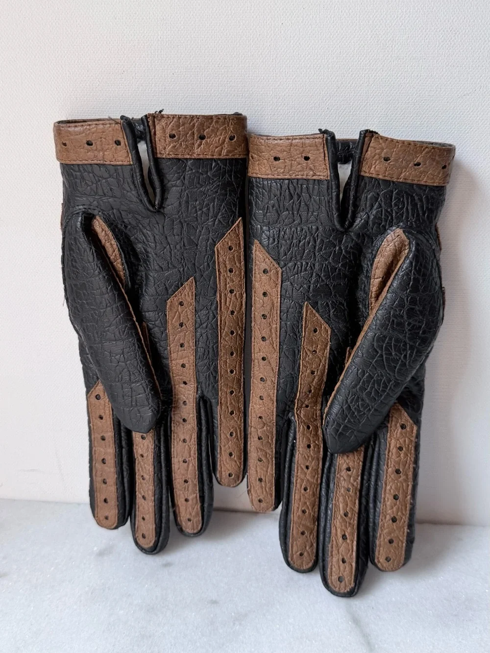 Two-Tone Black and Brown Leather Driving Gloves vintage